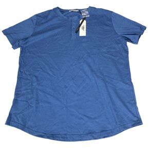 Wemely Tee Shirt Mens Large Blue Cotton Casual Short Sleeve Henley Neck Classic
